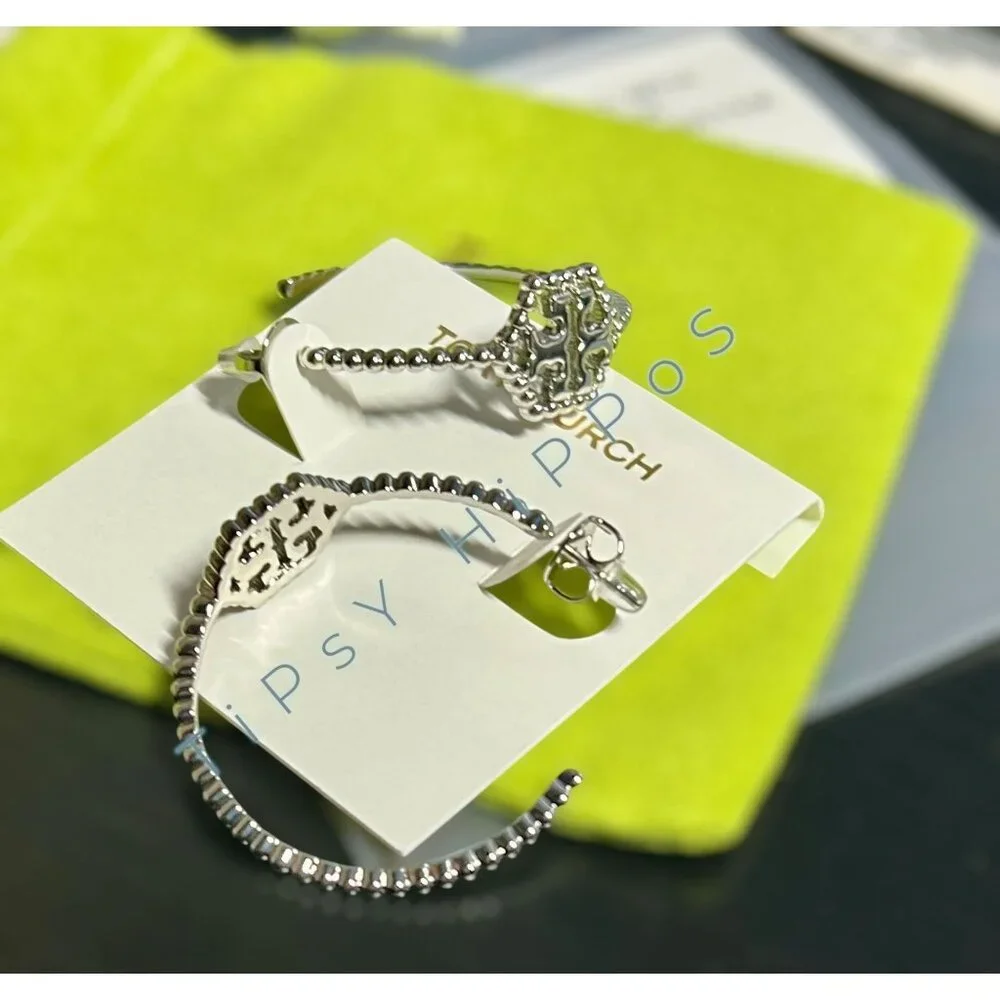 Tory Burch Silver Hexagon Logo Hoop Earrings - Picture 6 of 6